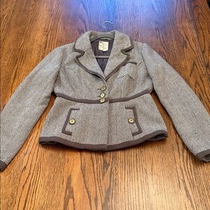 Tulle Herringbone Tweed Peplum Jacket Brown Trim Academia Blazer